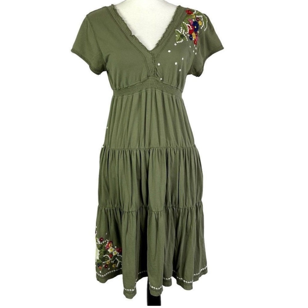 Johnny Was Green Embroidered Tiered Midi Dress, size medium